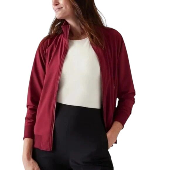 ATHLETA Brooklyn Bomber Jacket Size Small Stretch UPF 50+ Pockets Red Cranberry - Picture 1 of 15